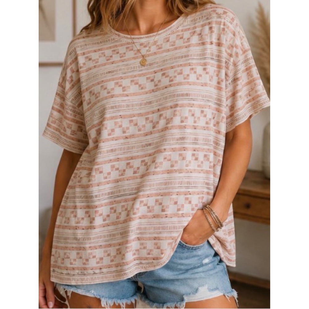 Free People We The Free Nina Printed T-Shirt Taupe Geometric Oversized XS NEW
